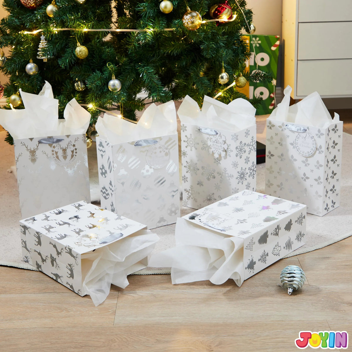 12 Pack Christmas Foil Gift Bags - Silver, 8 x 4.5 x 10.5 Inches