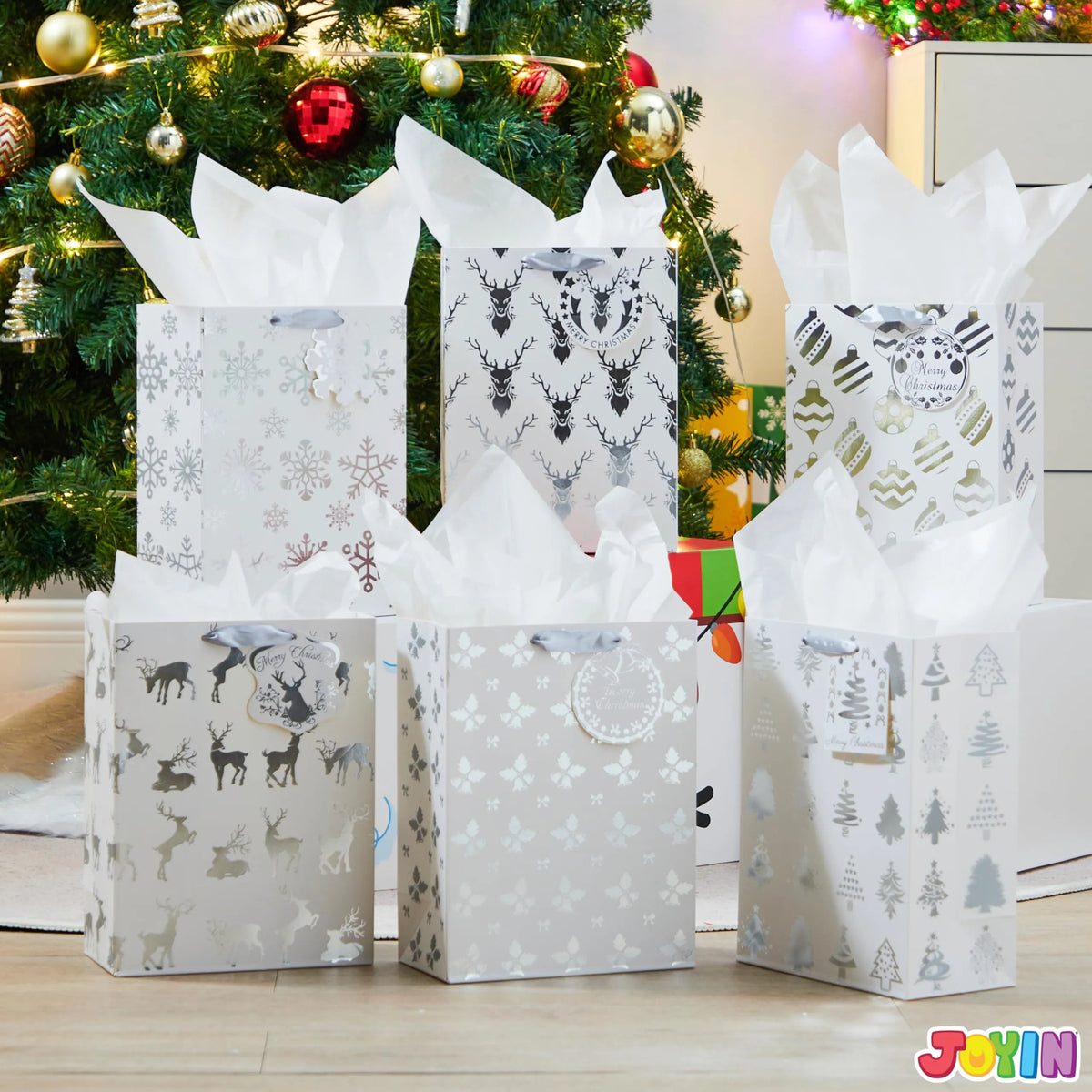 12 Pack Christmas Foil Gift Bags - Silver, 8 x 4.5 x 10.5 Inches