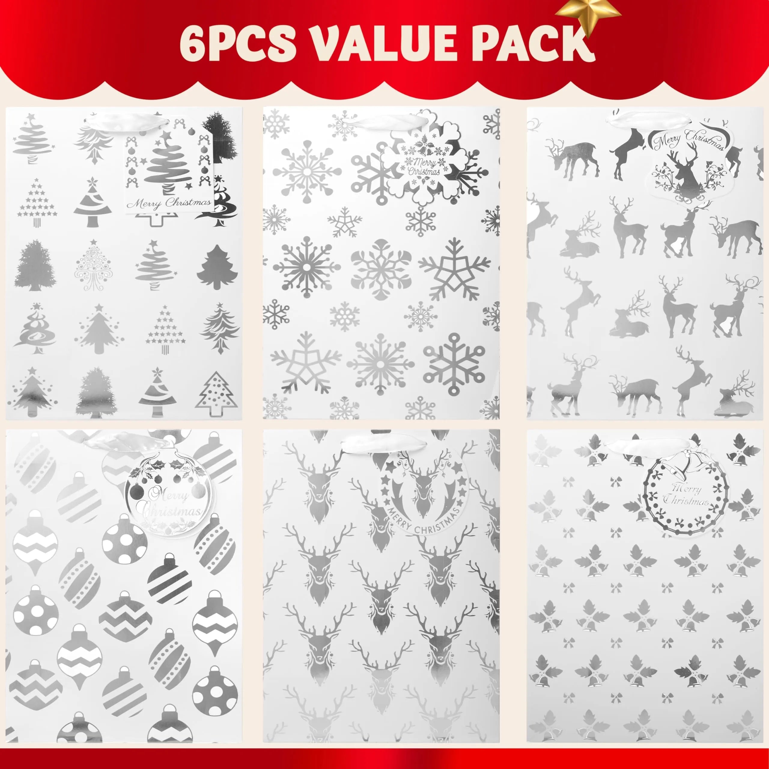 12 Pack Christmas Foil Gift Bags - Silver, 8 x 4.5 x 10.5 Inches