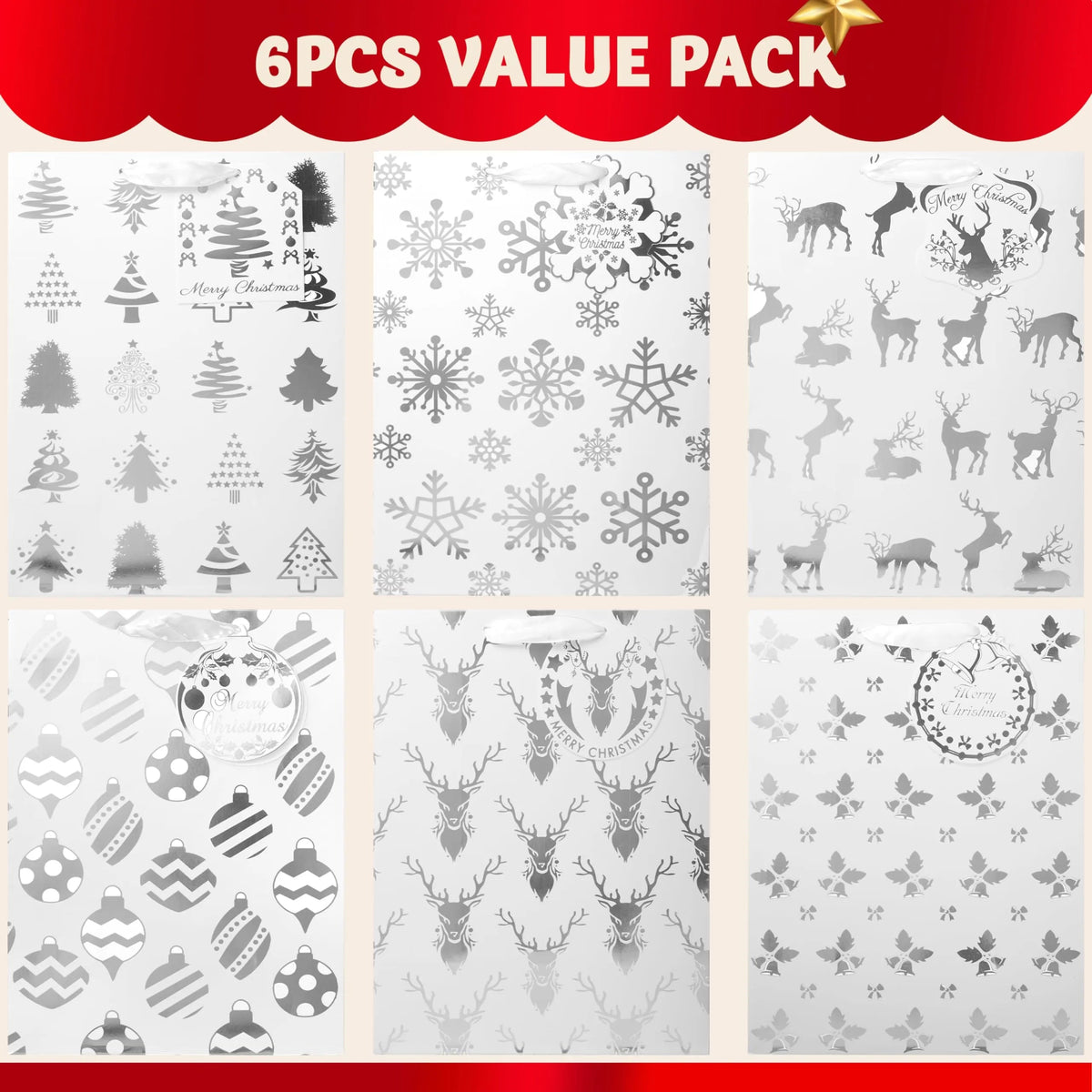 12 Pack Christmas Foil Gift Bags - Silver, 8 x 4.5 x 10.5 Inches
