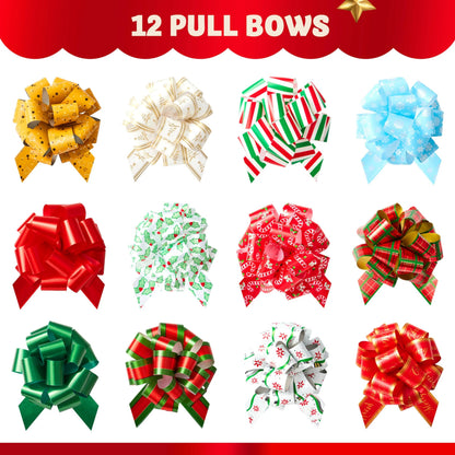 12 PCS Christmas Pull Bows with Ribbon, 5in Wide