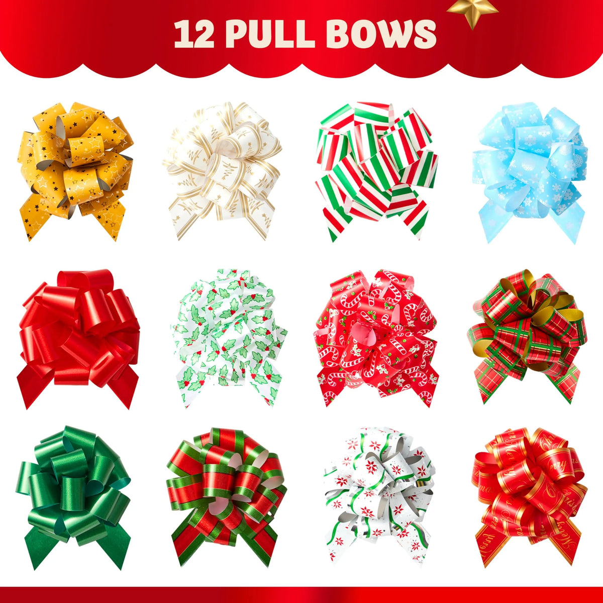 12 PCS Christmas Pull Bows with Ribbon, 5in Wide