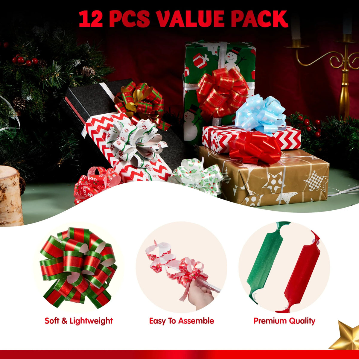 12 PCS Christmas Pull Bows with Ribbon, 5in Wide
