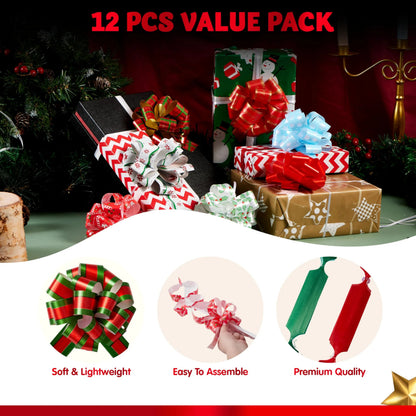 12 PCS Christmas Pull Bows with Ribbon, 5in Wide