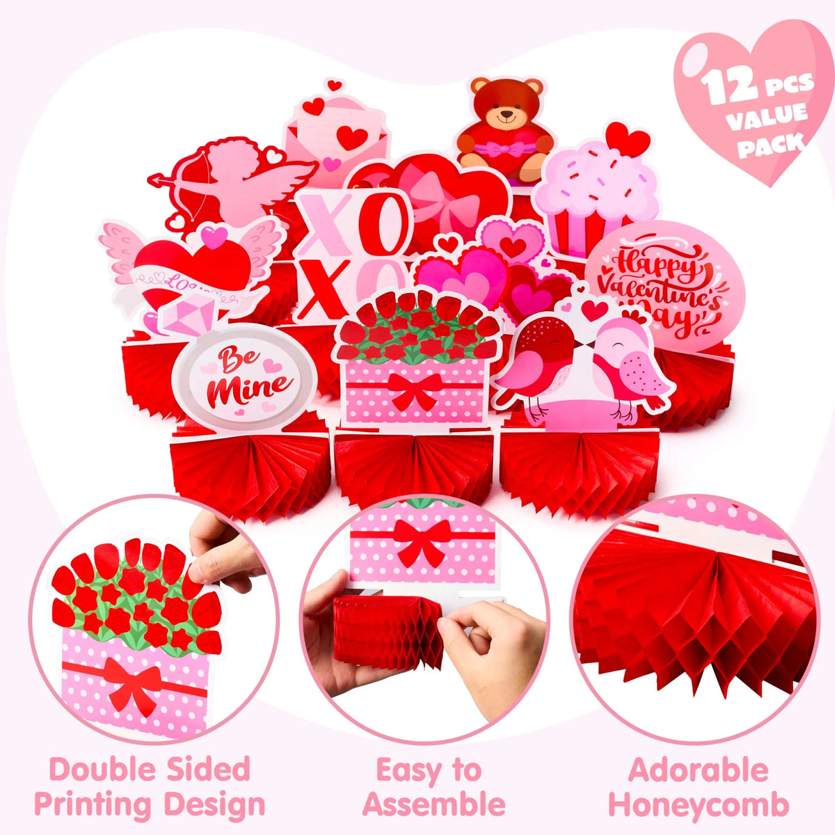 12-Pack Valentine Honeycomb Centerpieces for Table Decor