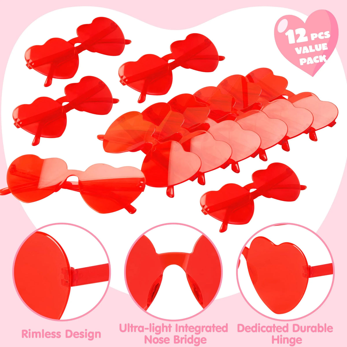 12 Pack Valentine's Day Heart-Shaped Rimless Glasses for Kids Classroom Exchange