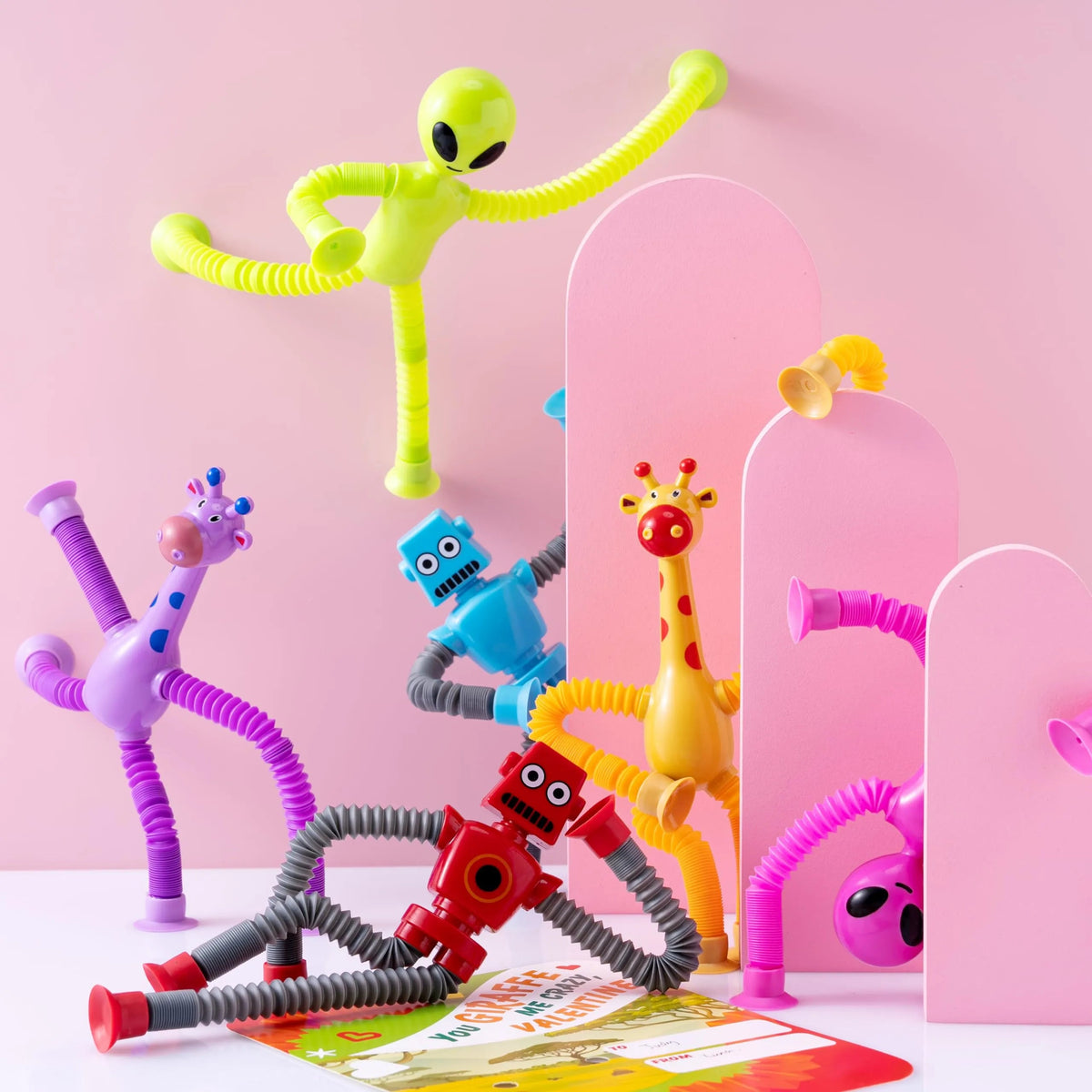 12-Pack Valentine's Day Telescopic Suction Pop Tubes with Cards - Kids Toys Party Favors
