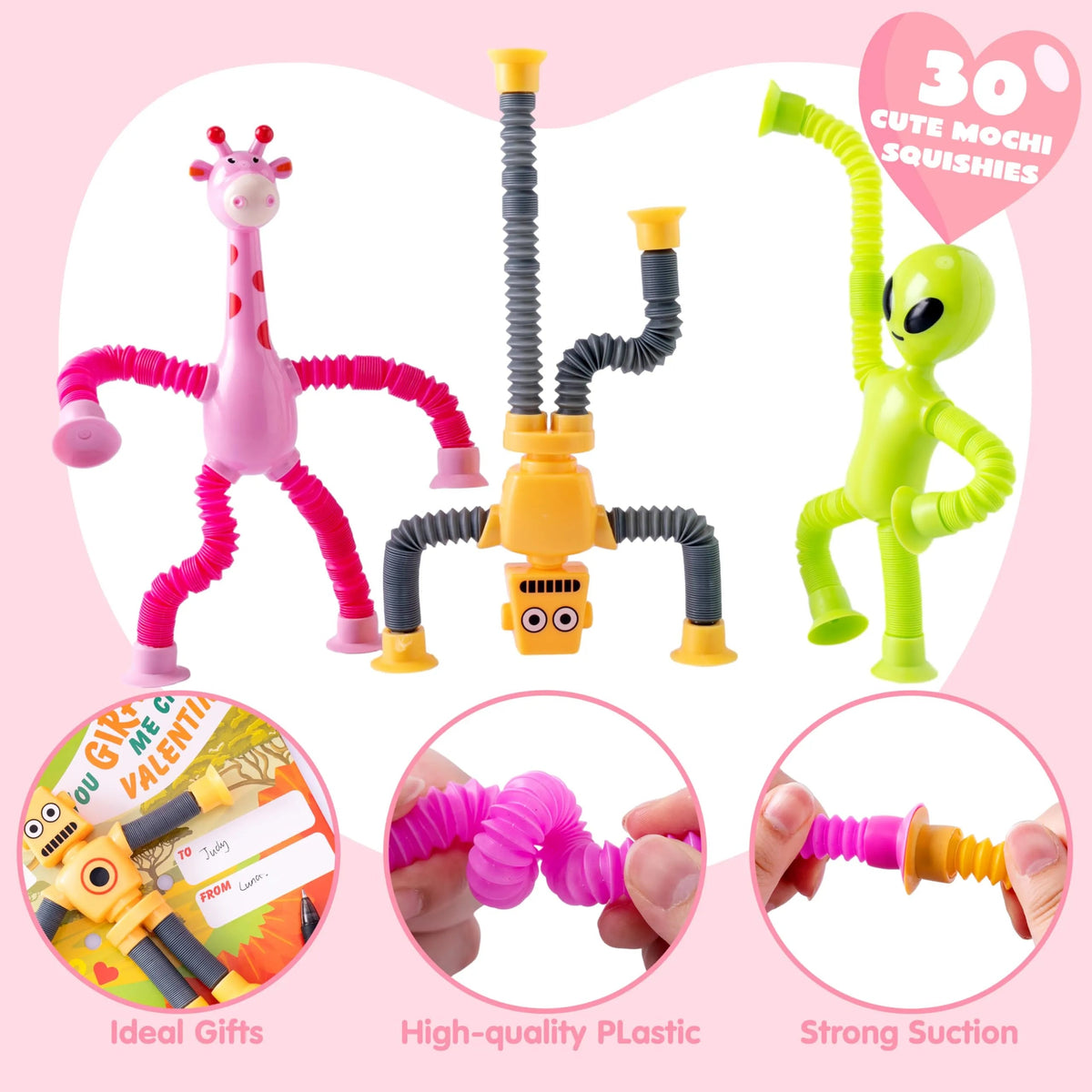12-Pack Valentine's Day Telescopic Suction Pop Tubes with Cards - Kids Toys Party Favors