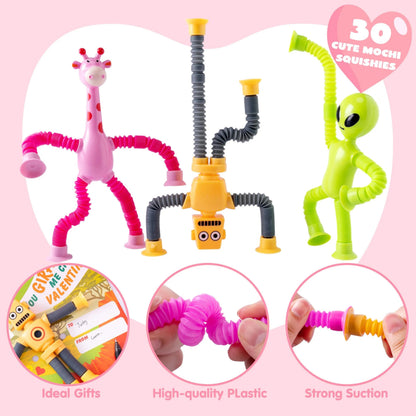 12-Pack Valentine's Day Telescopic Suction Pop Tubes with Cards - Kids Toys Party Favors