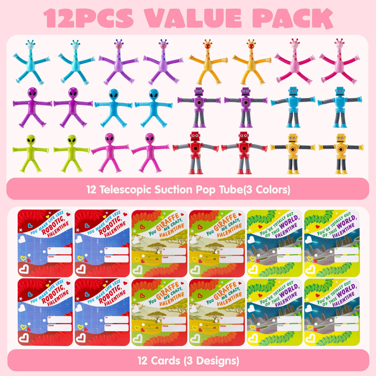 12-Pack Valentine's Day Telescopic Suction Pop Tubes with Cards - Kids Toys Party Favors