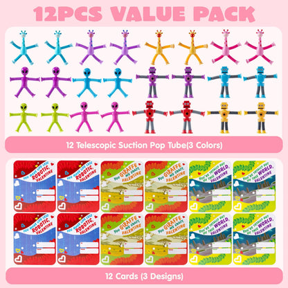 12-Pack Valentine's Day Telescopic Suction Pop Tubes with Cards - Kids Toys Party Favors