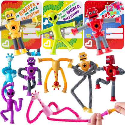 12-Pack Valentine's Day Telescopic Suction Pop Tubes with Cards - Kids Toys Party Favors