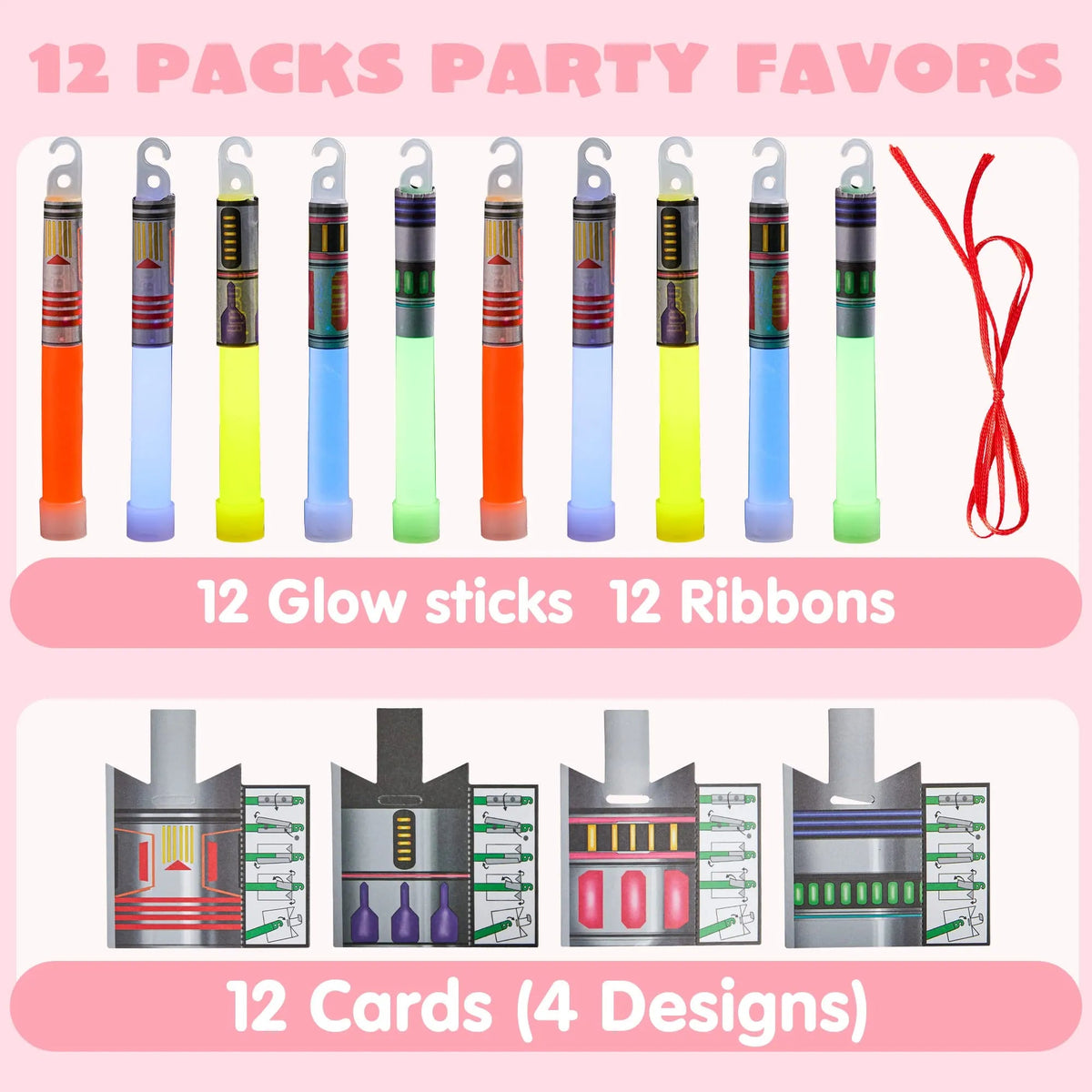 12Pcs Kids Valentine's Cards with Large Glow Sticks - Classroom Exchange Gifts