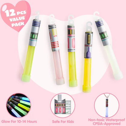 12Pcs Kids Valentine's Cards with Large Glow Sticks - Classroom Exchange Gifts