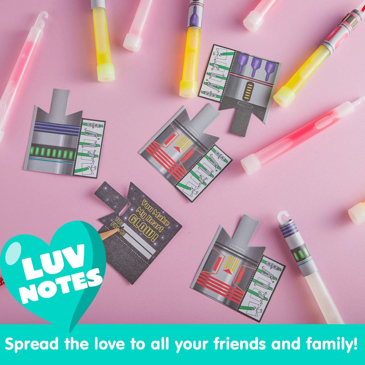 12Pcs Kids Valentine's Cards with Large Glow Sticks - Classroom Exchange Gifts