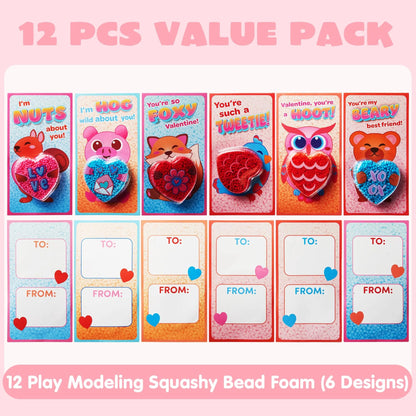 12-Pack Play Foam Animal-Shaped Valentine's Day Cards for Kids Classroom Exchange Gifts