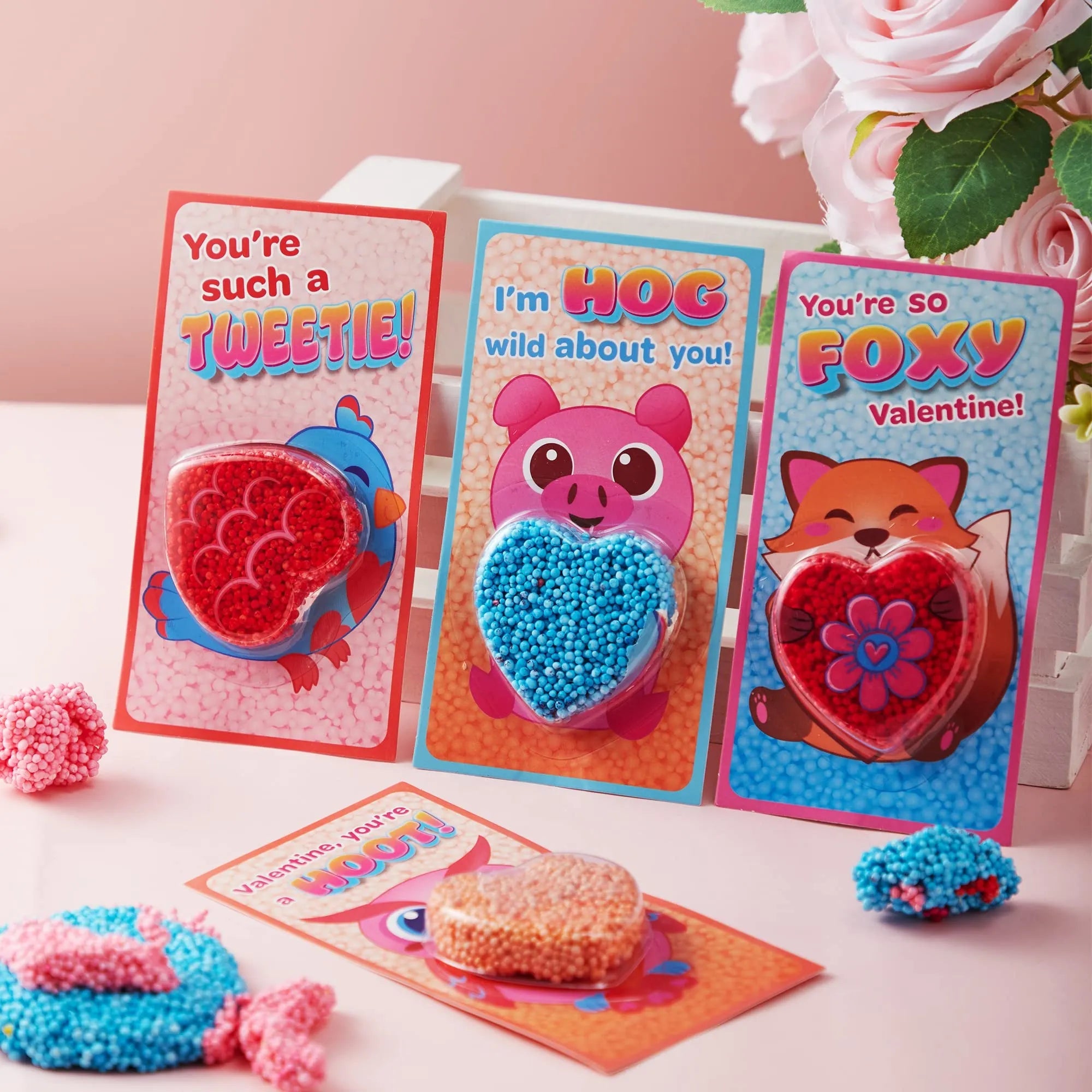 12-Pack Play Foam Animal-Shaped Valentine's Day Cards for Kids Classroom Exchange Gifts