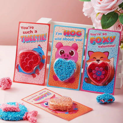 12-Pack Play Foam Animal-Shaped Valentine's Day Cards for Kids Classroom Exchange Gifts