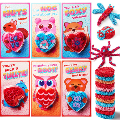 12-Pack Play Foam Animal-Shaped Valentine's Day Cards for Kids Classroom Exchange Gifts