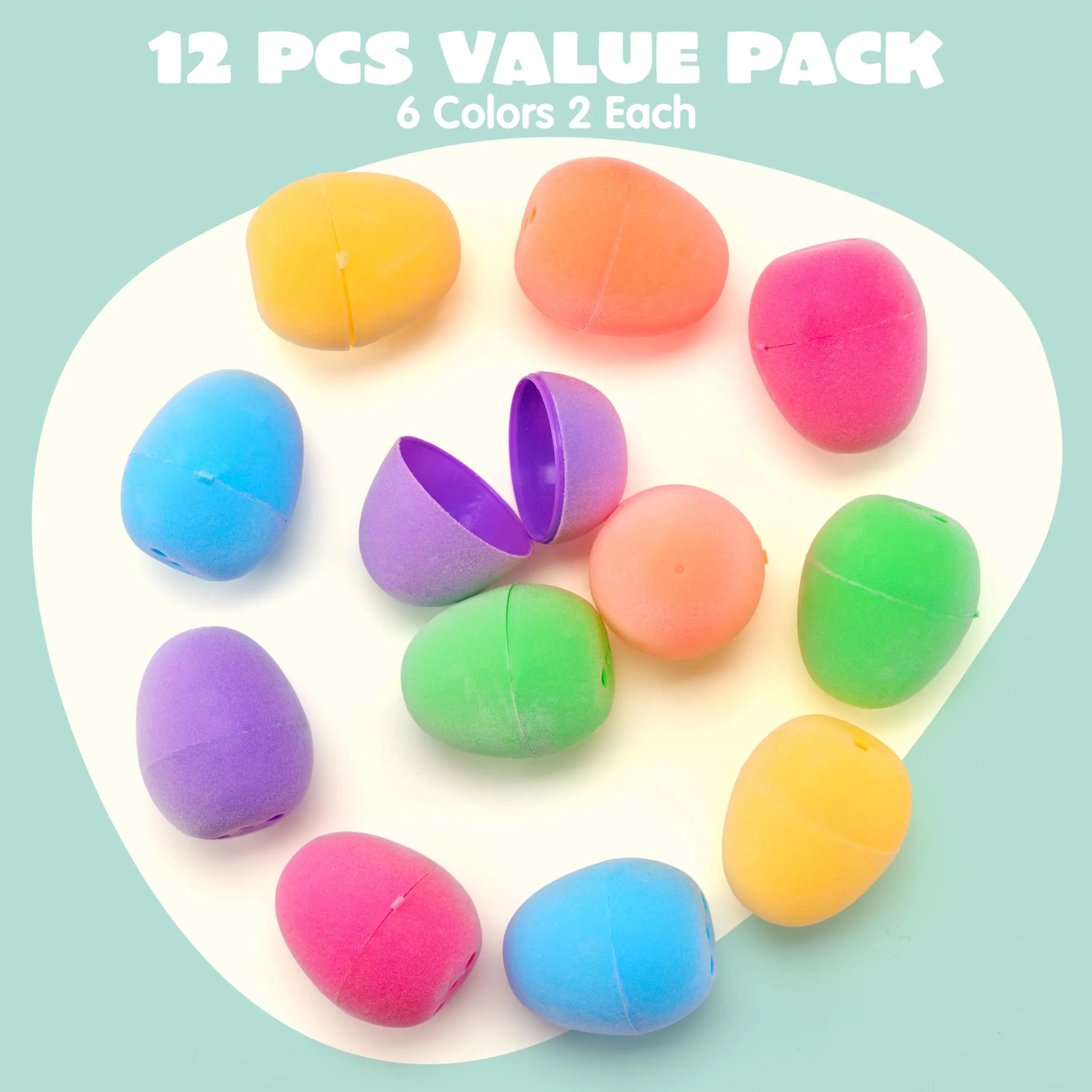 12 Pack 2.3 Inch Plastic Flocked Fillable Easter Eggs for Egg Hunt
