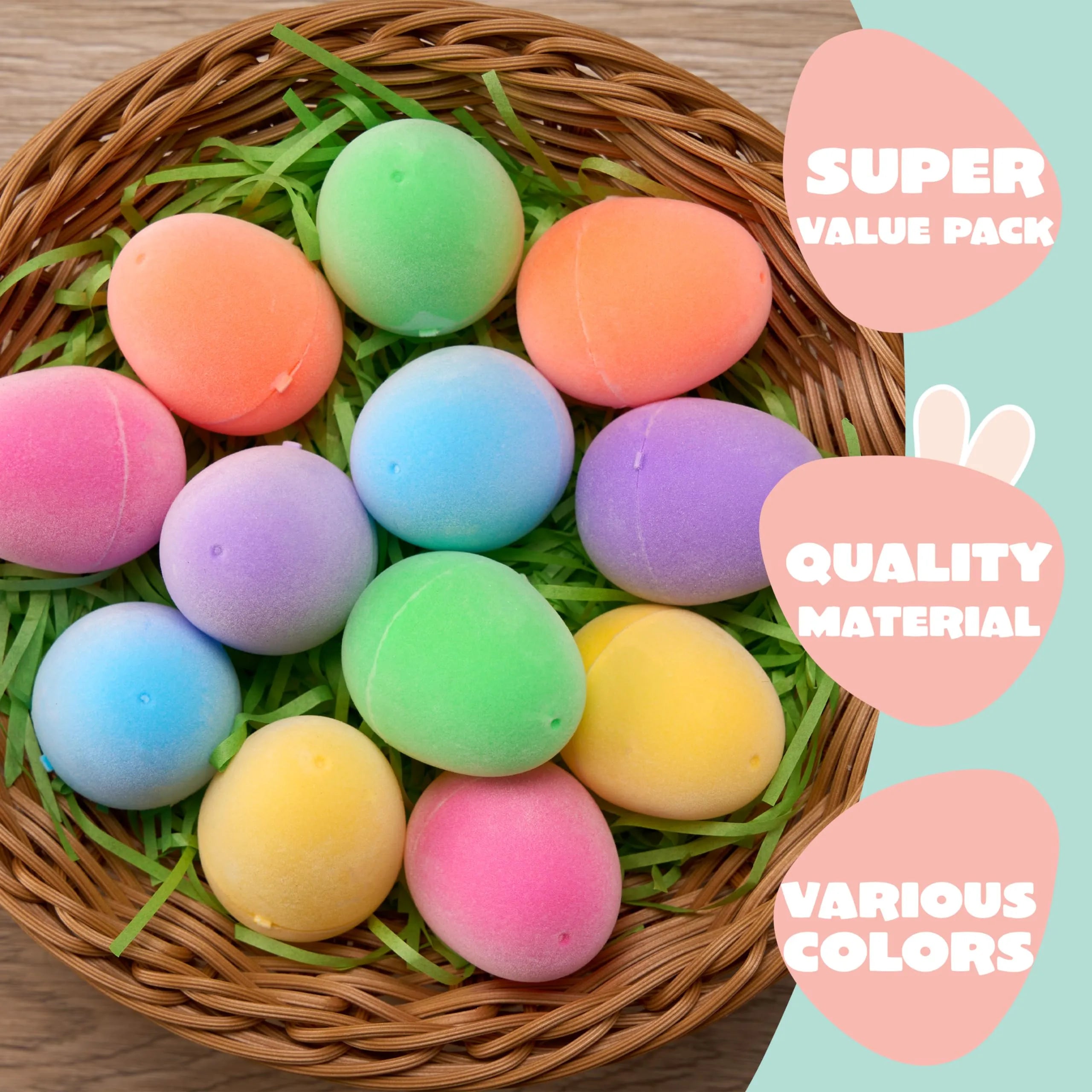 12 Pack 2.3 Inch Plastic Flocked Fillable Easter Eggs for Egg Hunt