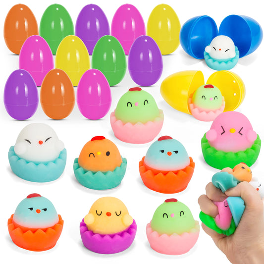 12-Pack 3.03-Inch Mochi Chicken Squishy Toys Prefilled Easter Eggs for Easter Egg Hunt