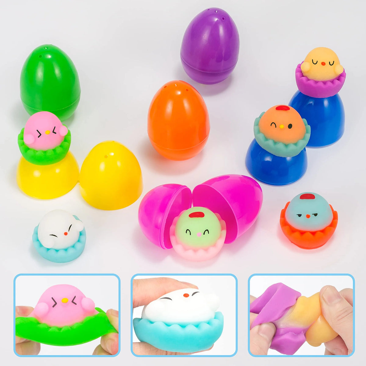 12-Pack 3.03-Inch Mochi Chicken Squishy Toys Prefilled Easter Eggs for Easter Egg Hunt