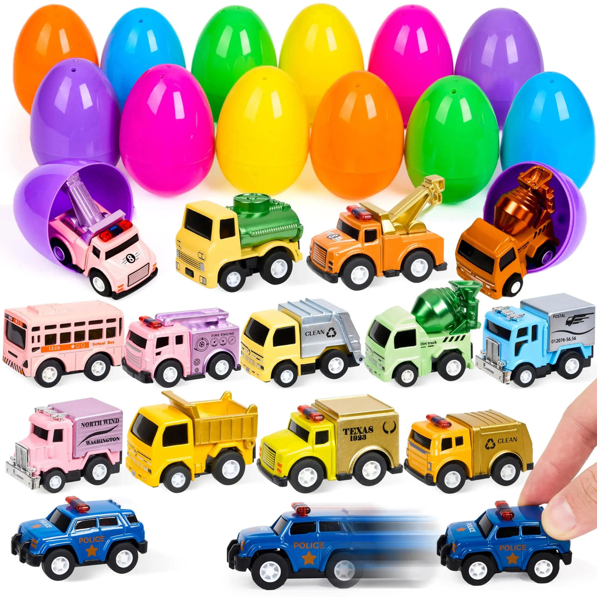 12 Prefilled Easter Eggs with Die-Cast Pull Back Cars (3.15 in) for Egg Hunt
