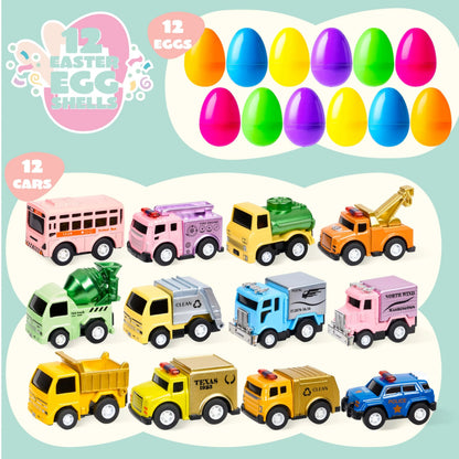 12 Prefilled Easter Eggs with Die-Cast Pull Back Cars (3.15 in) for Egg Hunt