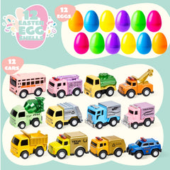 12 Prefilled Easter Eggs with Die-Cast Pull Back Cars (3.15 in) for Egg Hunt