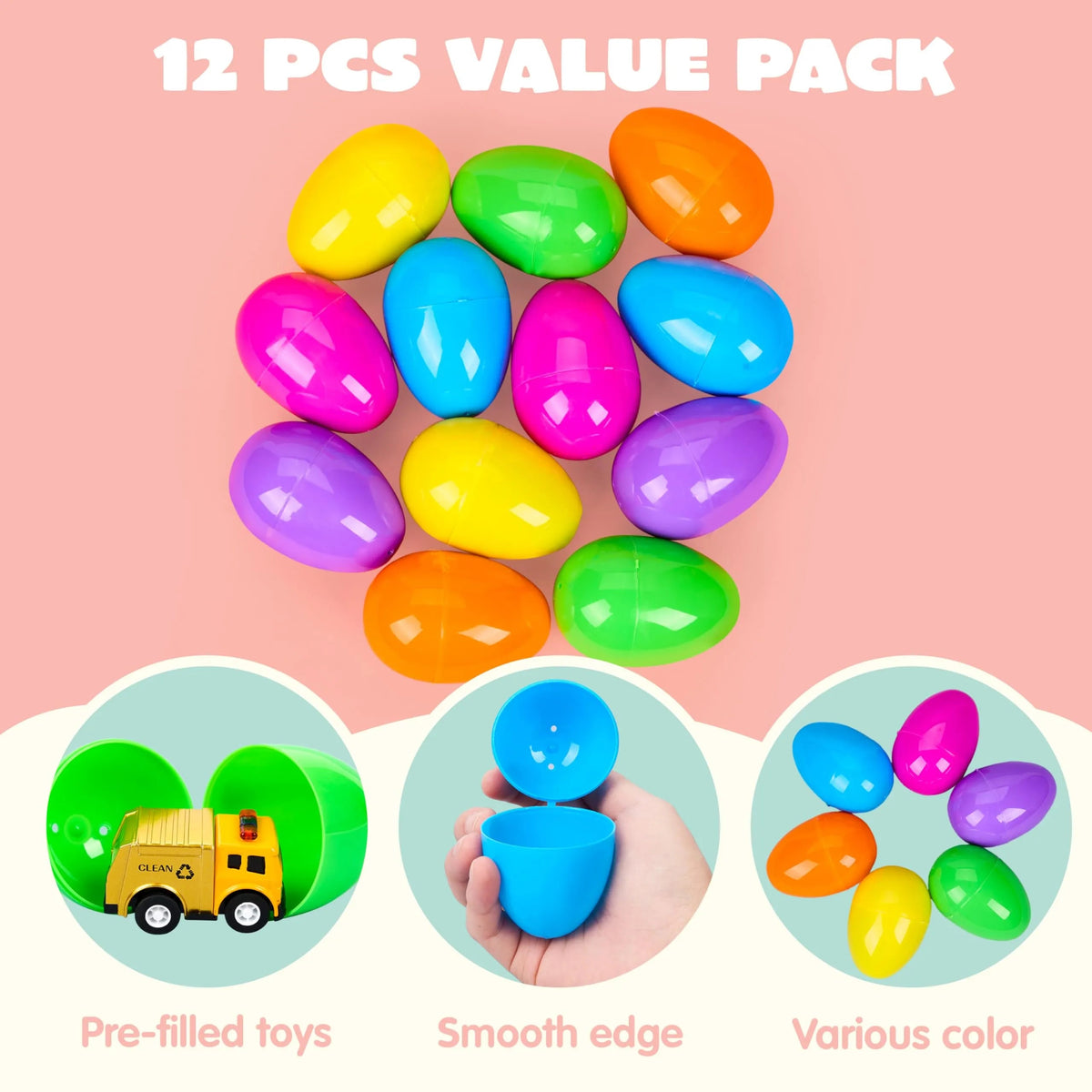 12 Prefilled Easter Eggs with Die-Cast Pull Back Cars (3.15 in) for Egg Hunt