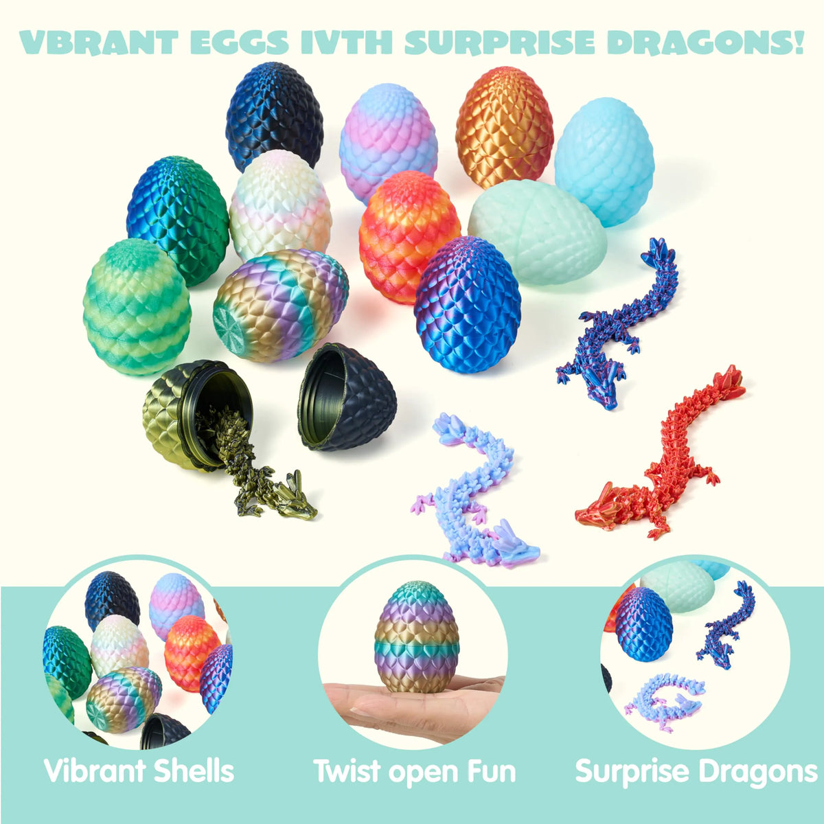 12 Pcs 3D Printed Dragon Eggs Toys for Easter Party, Egg Hunt & Classroom Prizes