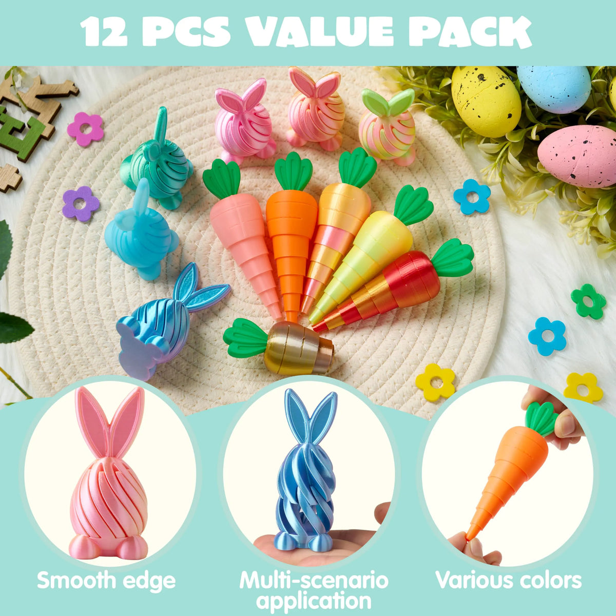 12 Pcs 3D Printed Easter Fidget Toys for Party & Classroom