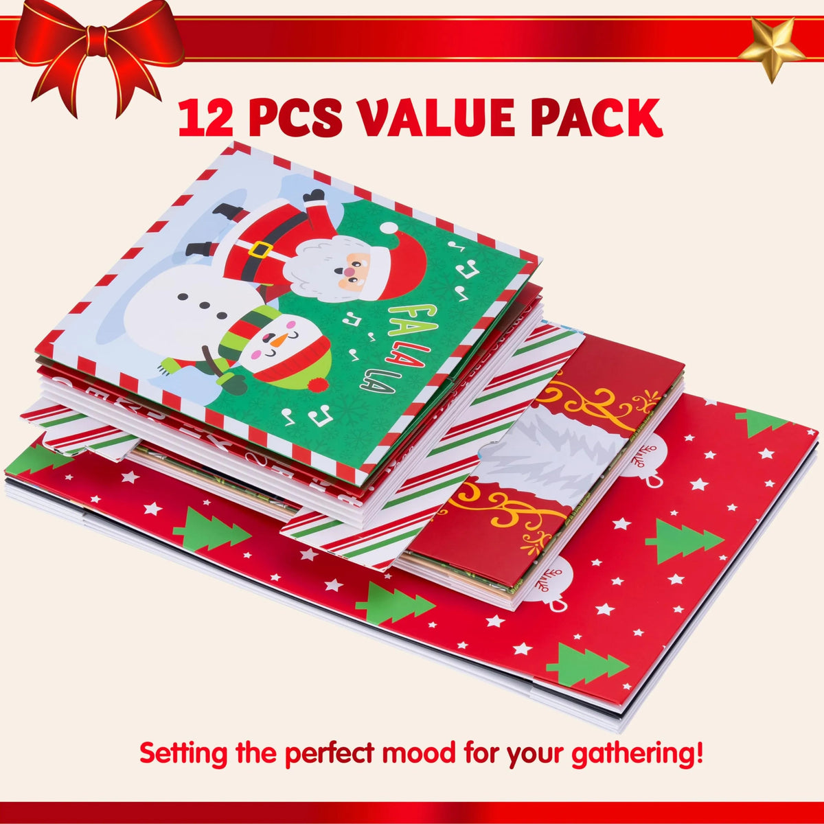 12-Piece Assorted Christmas Gift Box Set, 4 Sizes, 12 Tone Pattern Designs