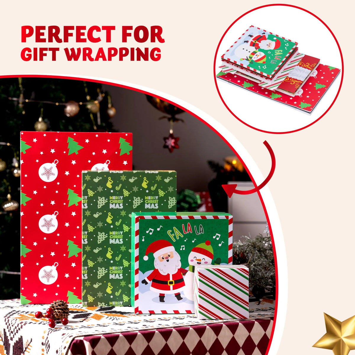 12-Piece Assorted Christmas Gift Box Set, 4 Sizes, 12 Tone Pattern Designs