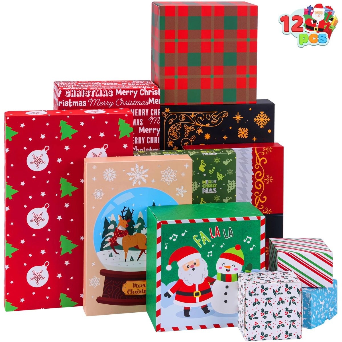 12-Piece Assorted Christmas Gift Box Set, 4 Sizes, 12 Tone Pattern Designs