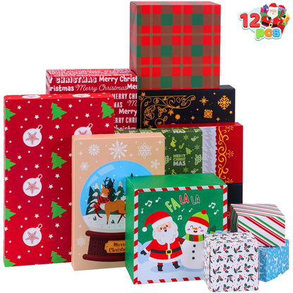 12-Piece Assorted Christmas Gift Box Set, 4 Sizes, 12 Tone Pattern Designs