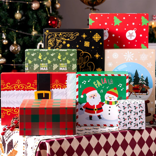12-Piece Assorted Christmas Gift Box Set, 4 Sizes, 12 Tone Pattern Designs