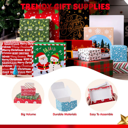 12-Piece Assorted Christmas Gift Box Set, 4 Sizes, 12 Tone Pattern Designs