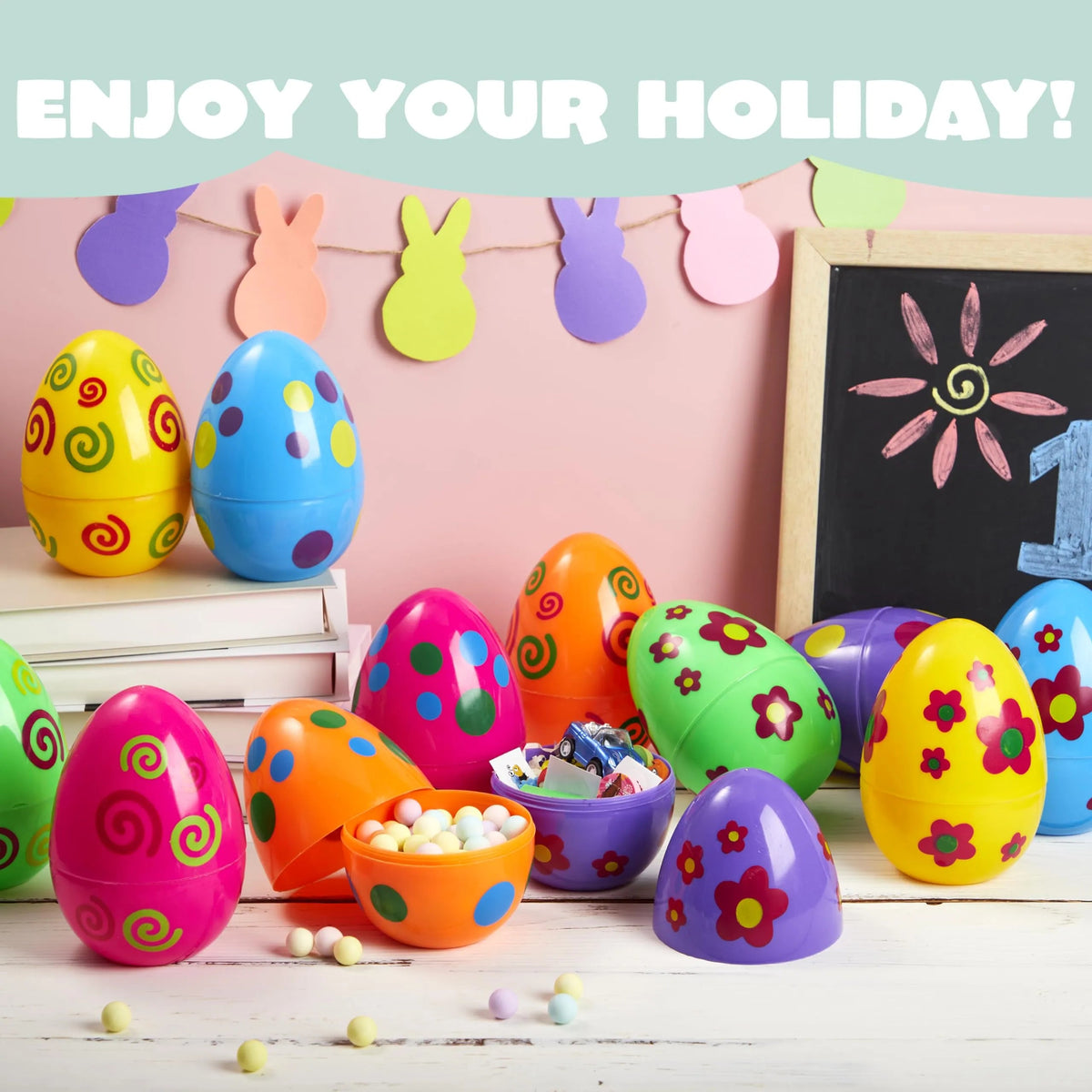 12 Colorful Printed Fillable Giant Easter Egg Shells (5.5in)