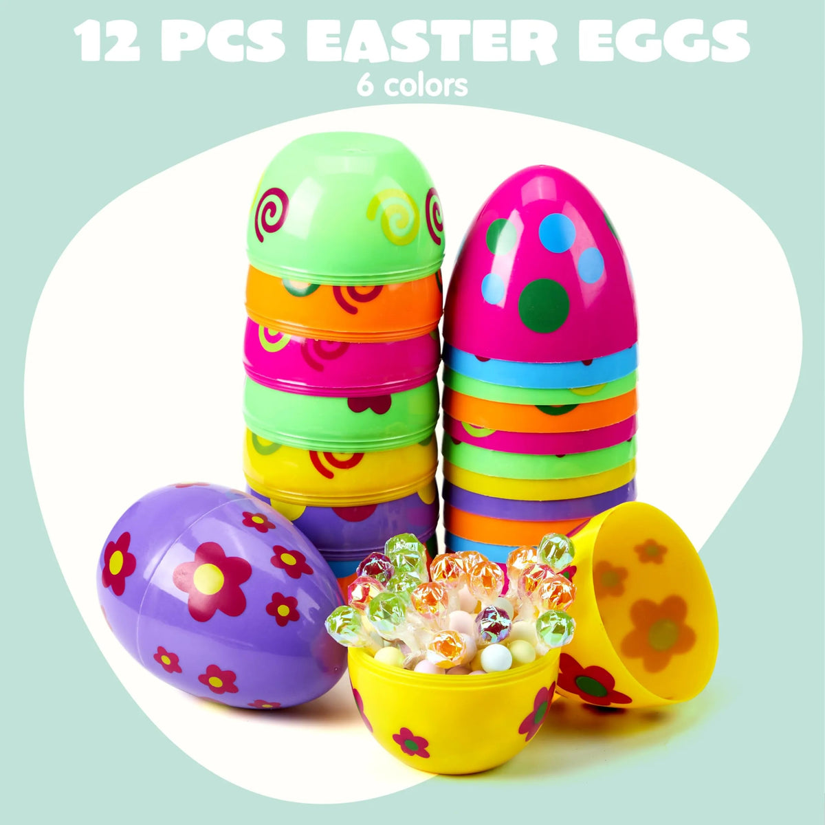 12 Colorful Printed Fillable Giant Easter Egg Shells (5.5in)