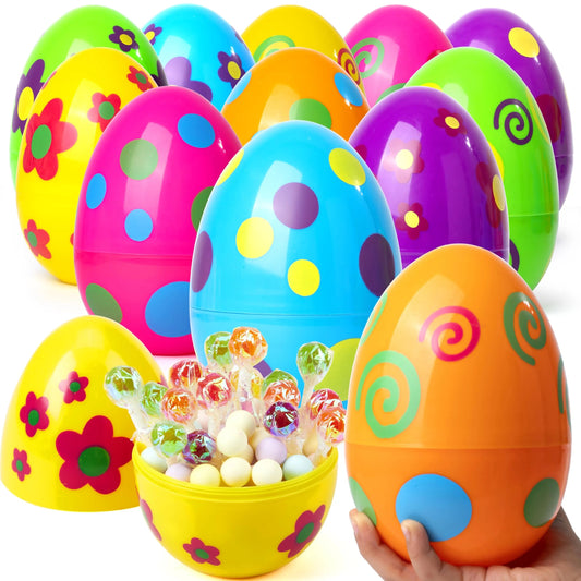12 Colorful Printed Fillable Giant Easter Egg Shells (5.5in)