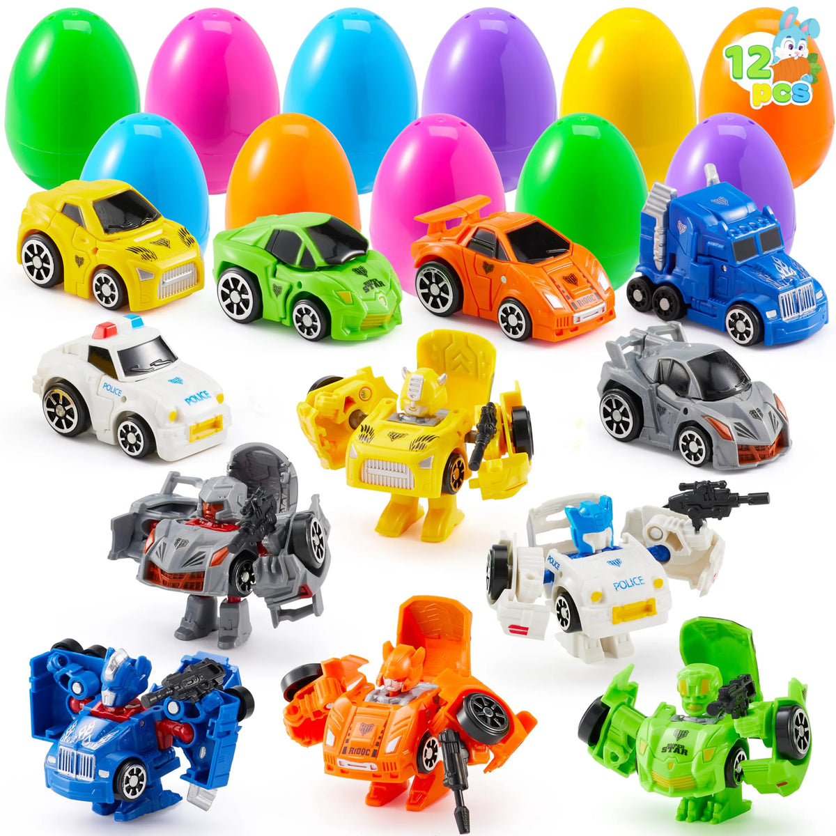 12 Prefilled Easter Eggs with Car Robot Toys for Kids - Easter Party Favors