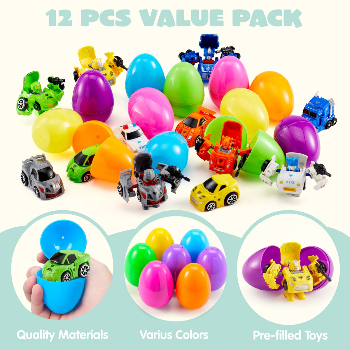 12 Prefilled Easter Eggs with Car Robot Toys for Kids - Easter Party Favors