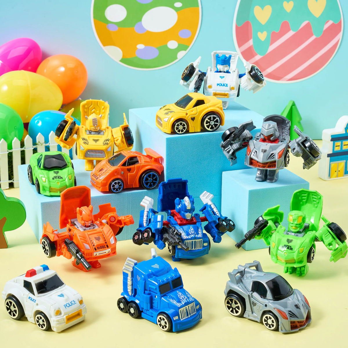 12 Prefilled Easter Eggs with Car Robot Toys for Kids - Easter Party Favors