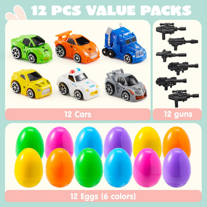 12 Prefilled Easter Eggs with Car Robot Toys for Kids - Easter Party Favors