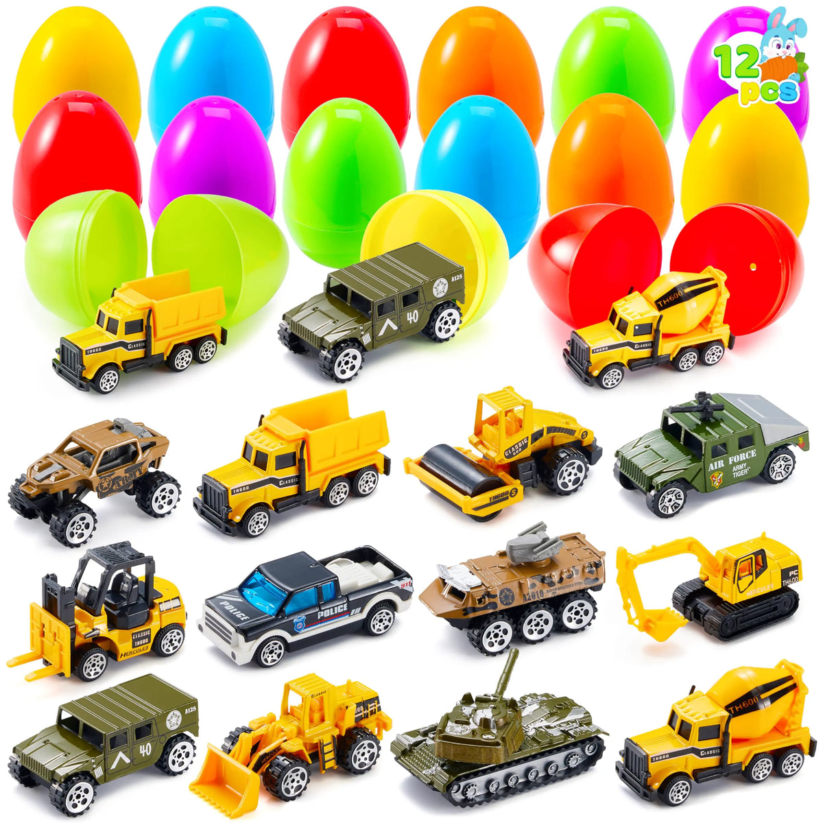12 Prefilled Easter Eggs with Die-Cast Vehicles for Kids Easter Hunt Party Favors