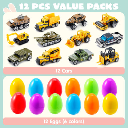 12 Prefilled Easter Eggs with Die-Cast Vehicles for Kids Easter Hunt Party Favors