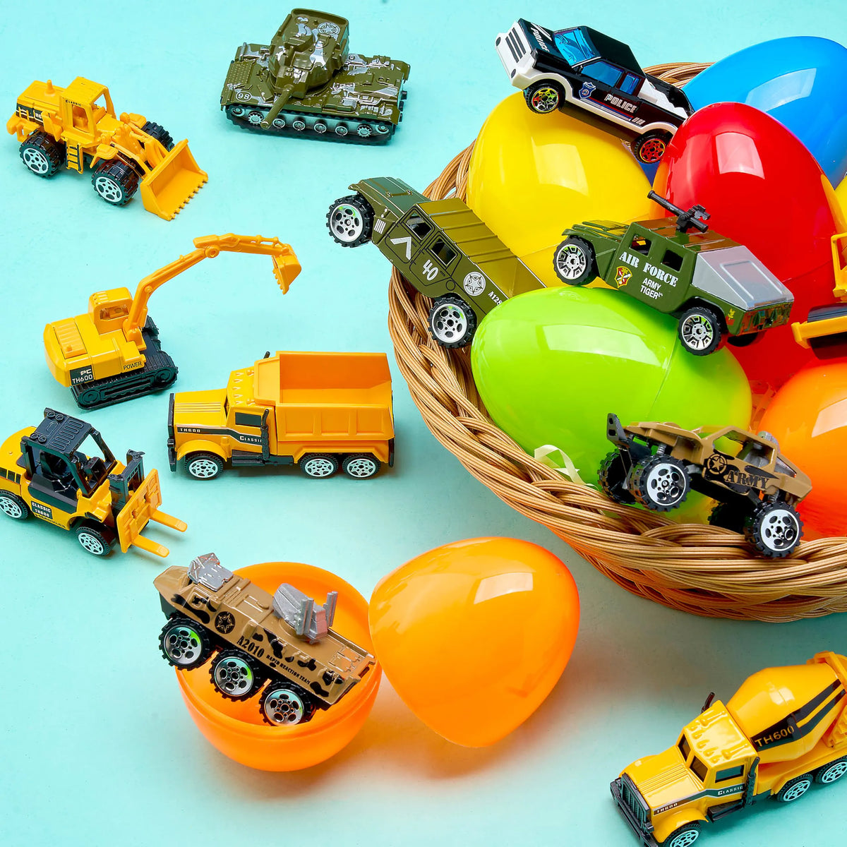 12 Prefilled Easter Eggs with Die-Cast Vehicles for Kids Easter Hunt Party Favors