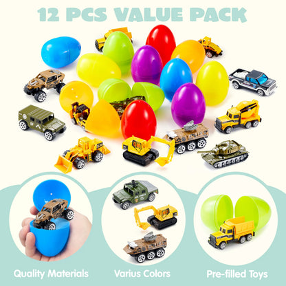 12 Prefilled Easter Eggs with Die-Cast Vehicles for Kids Easter Hunt Party Favors
